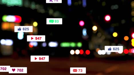 animación de iconos y números de redes sociales sobre semáforos desenfocados