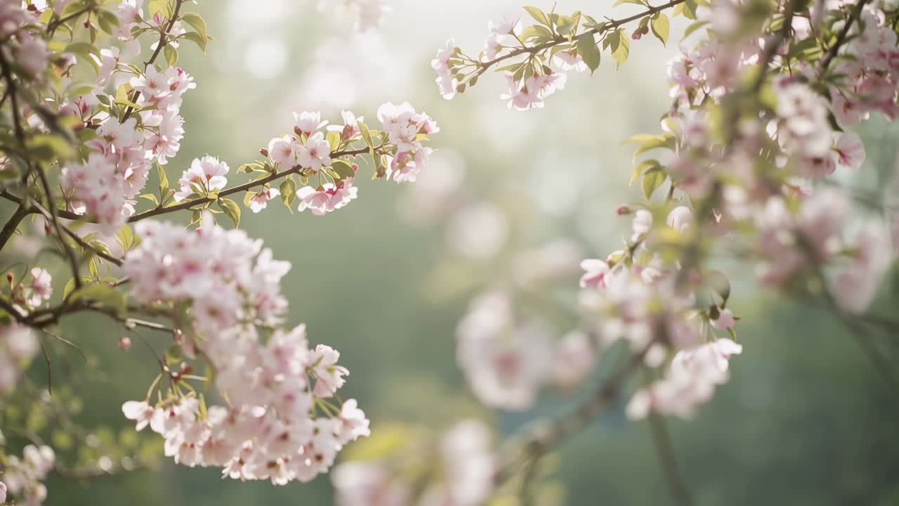 Swaying pink flowering branches catching warm soft sunlight in garden, breeze loosening petal