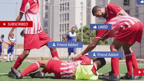 social media concept icons against injured male soccer players on sports field