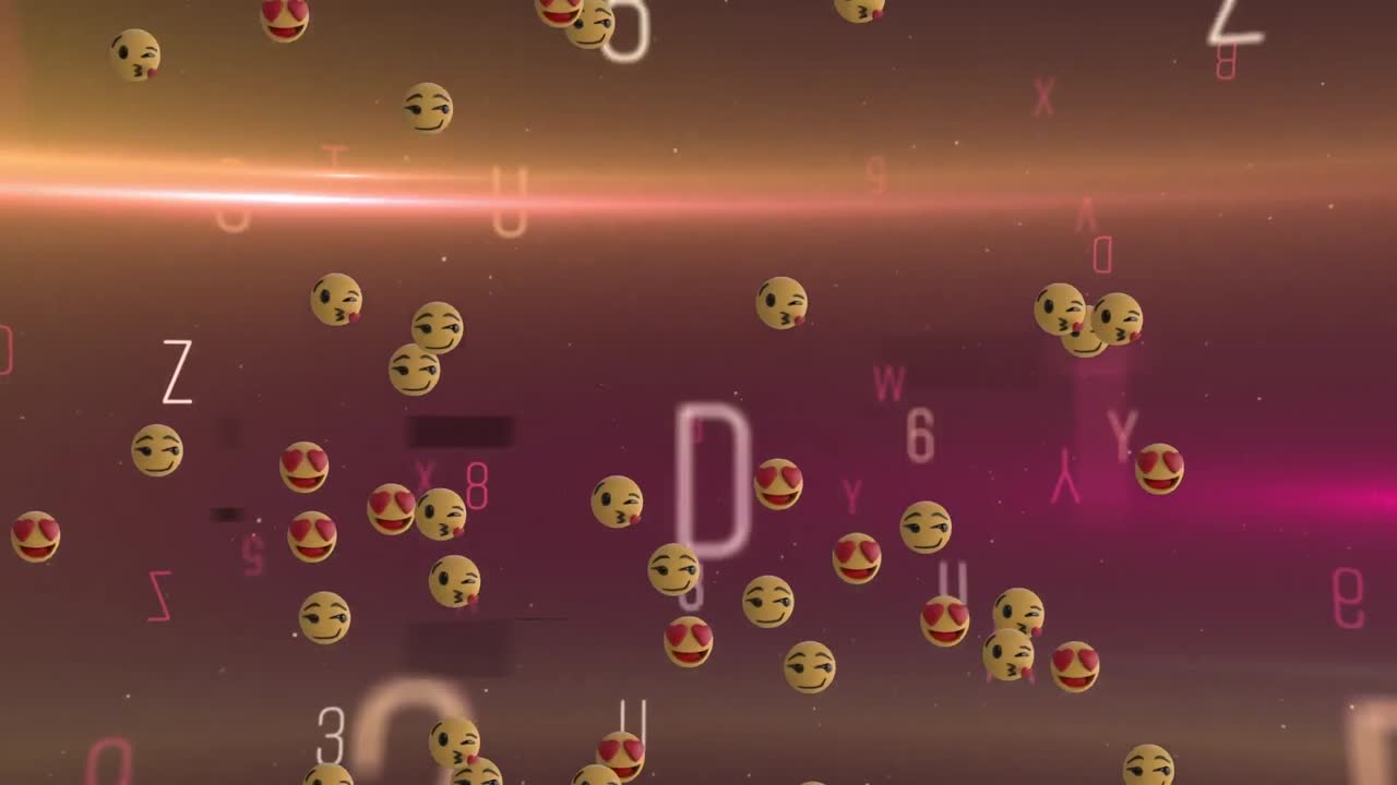 오렌지색과 분홍색 배경 위에 떠다니는 글자, 숫자 및 이모티콘의 애니메이션