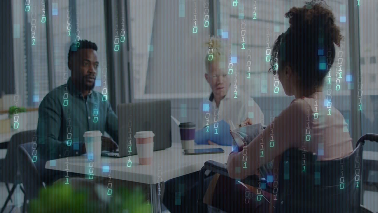 Candidate speaking and sliding folder for resume review, team reading as code overlay intensifying