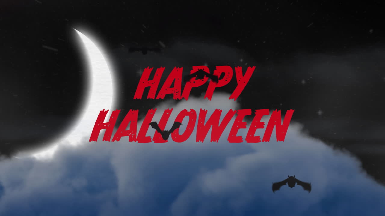animación de feliz texto de halloween sobre murciélagos volando, luna y nubes en el cielo