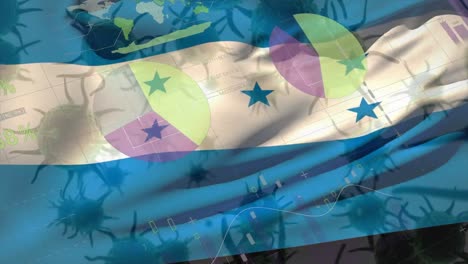 Makro-Corona-Virus-Breitet-Sich-Aus,-Im-Hintergrund-Weht-Die-Flagge-Von-Honduras