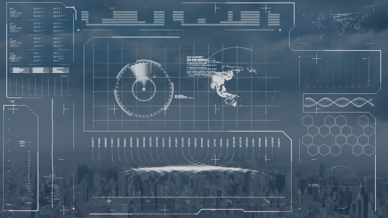 Animation of data processing over cityscape