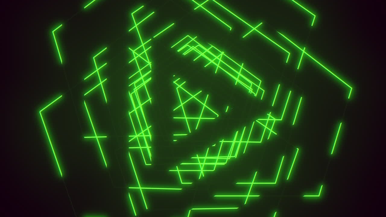 triangoli verdi al neon a spirale su gradiente nero
