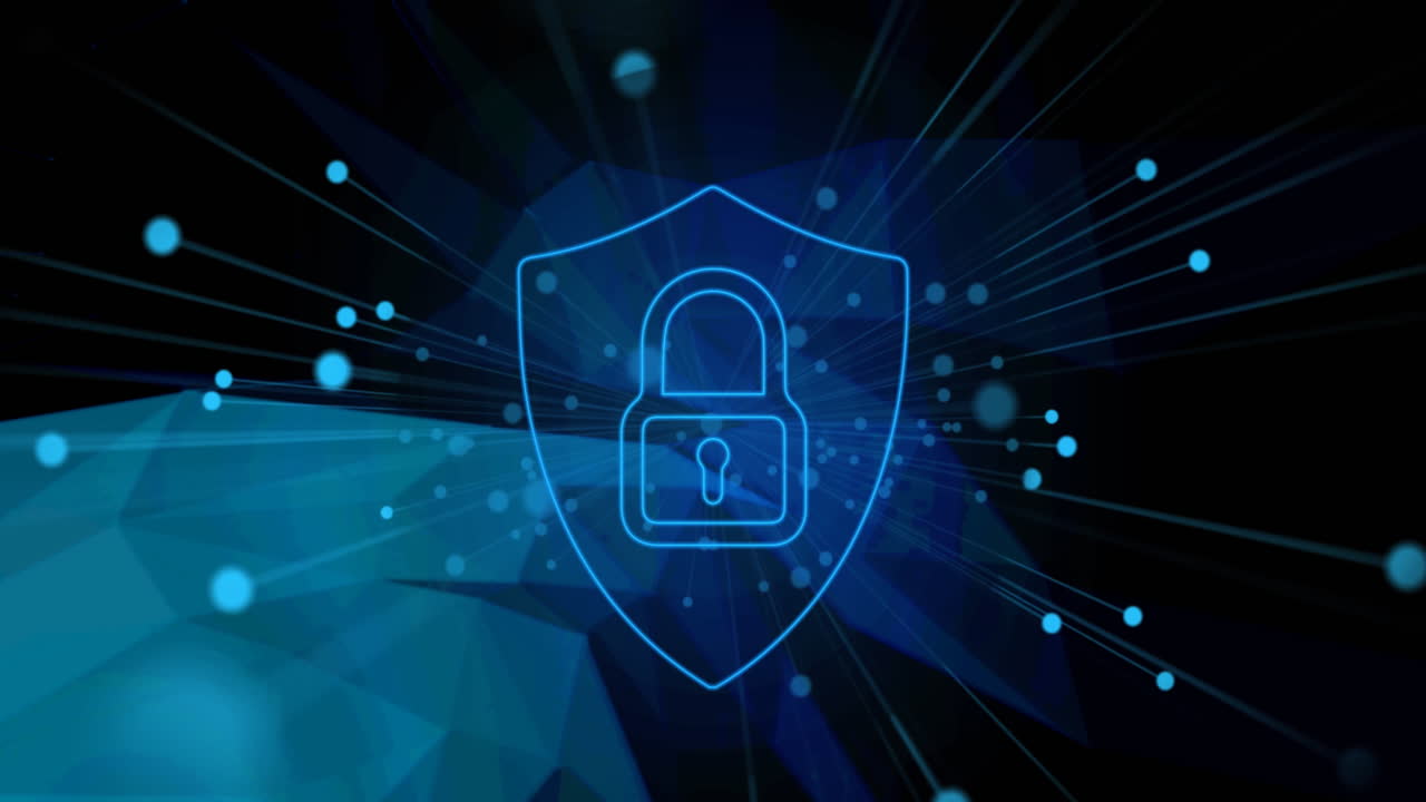 animación de un candado de seguridad en línea con una red de conexiones en segundo plano