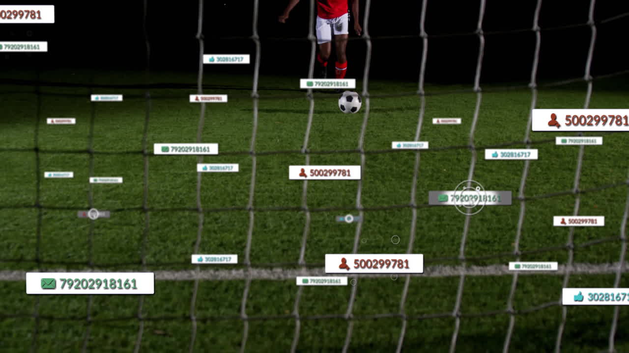 Preparing to kick ball, soccer player with animation data tags on field
