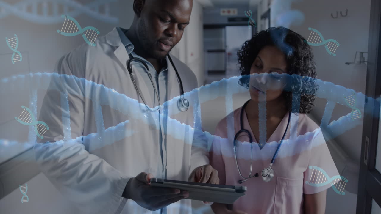 Animation of dna and data processing over diverse doctors in hospital