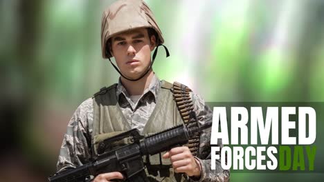 animation of armed forces day text over caucasian male soldier