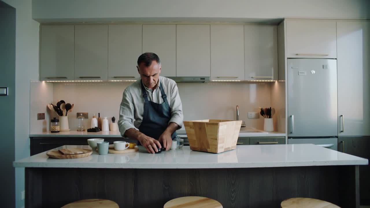 Uomo con grembiule scuro che sistema dei barattoli, prendendoli da un cesto di legno e posizionandoli sull'isola della cucina per cucinare.
