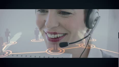 animación de personas de negocios que usan computadoras y auriculares telefónicos y red de conexiones