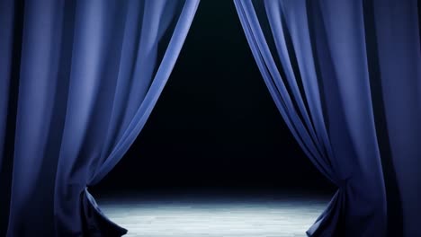 a stage with blue curtains