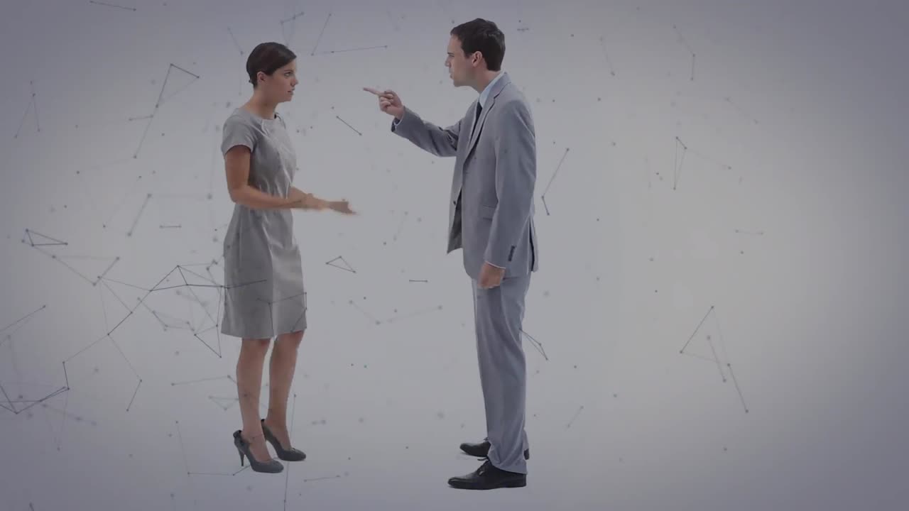 animación de formas sobre hombres de negocios caucásicos hablando.