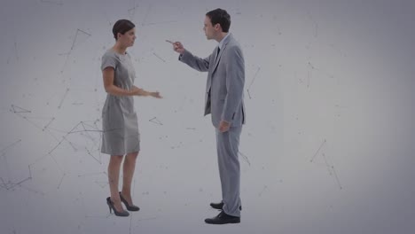 animación de formas sobre hombres de negocios caucásicos hablando.