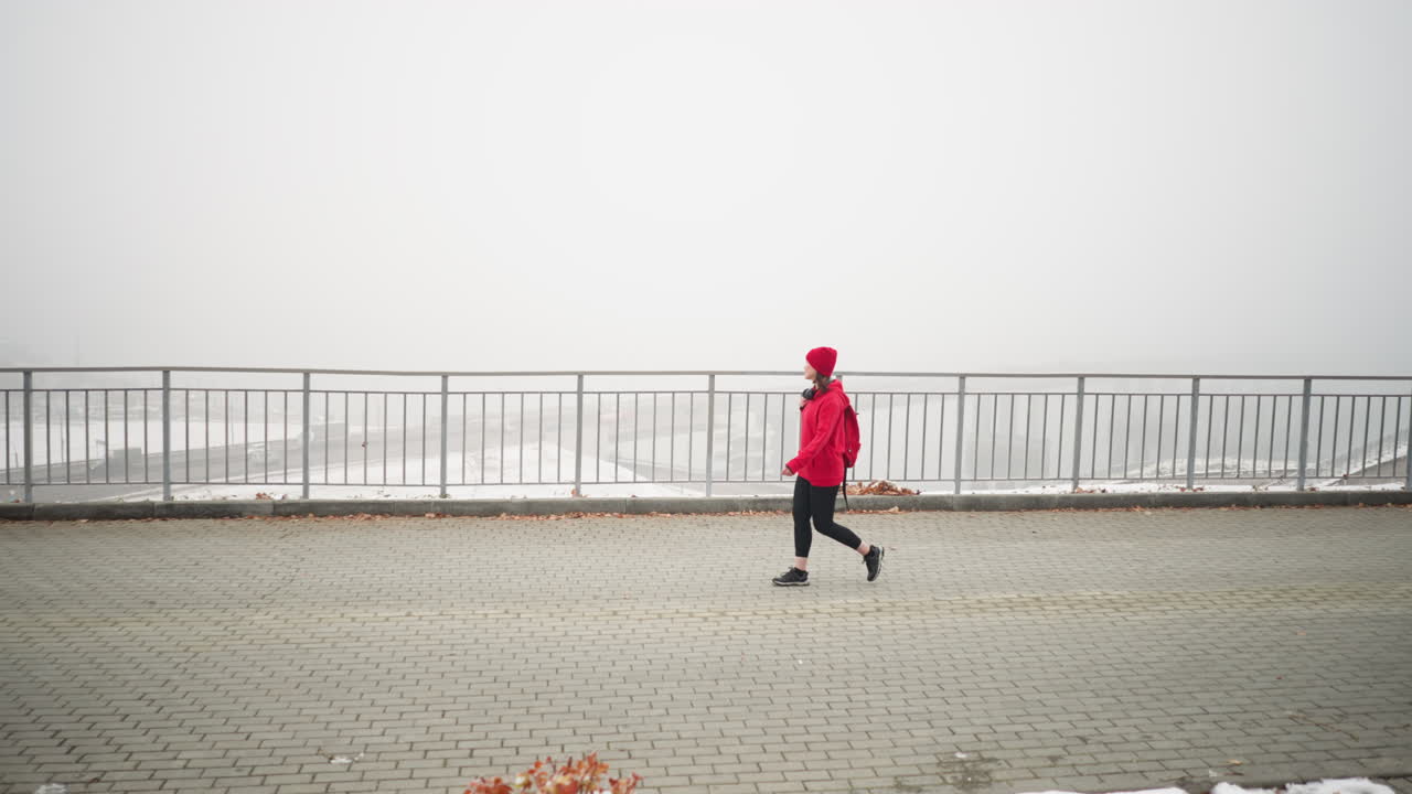 vista lateral de una mujer caminando por un camino entrelazado con una bolsa sobre el hombro cerca de una barandilla de hierro en una atmósfera de niebla, con coches lejanos visibles debajo del puente y follaje seco esparcido por el suelo nevado
