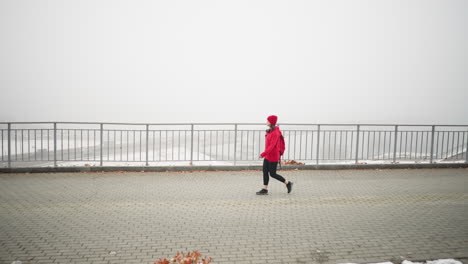 side view of woman walking on interlocked pathway with bag over shoulder near iron railing in a foggy atmosphere, with distant cars visible below bridge and dry foliage scattered on snowy ground