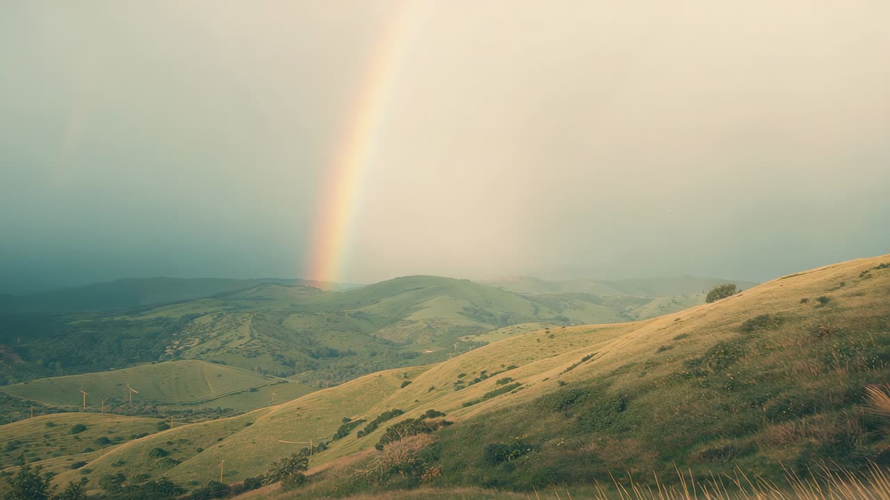 Sunlight breaking through clouds causing rainbow emerging over hills to brighten, camera panning