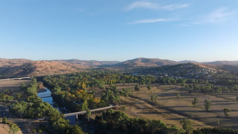aerial: wide shot of gundagai and the countryside, new south wales, australia