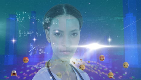 médico femenino sobre varios emojis de cara moviéndose contra el modelo de la ciudad en 3d
