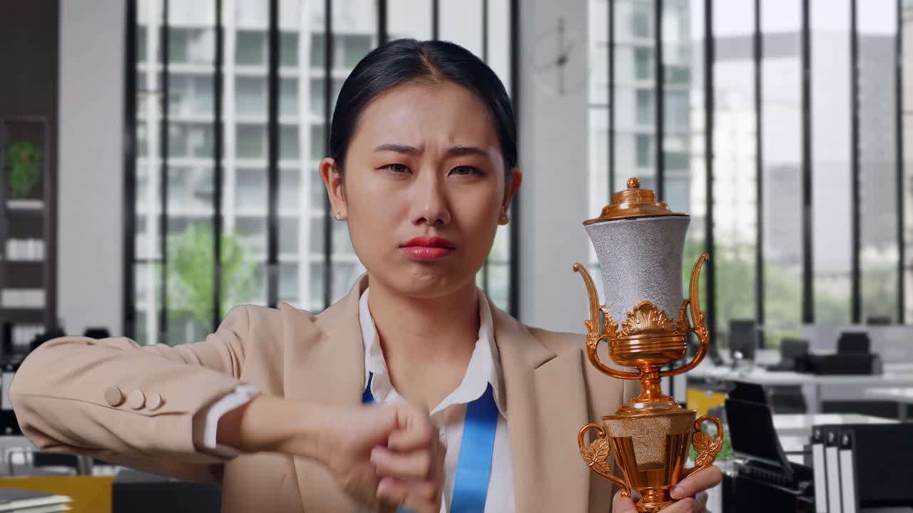 Close Up Of Asian Business Woman In A Suit With A Gold Medal And Trophy Showing Thumbs Down Gesture To Ridicule The Loser In The Office