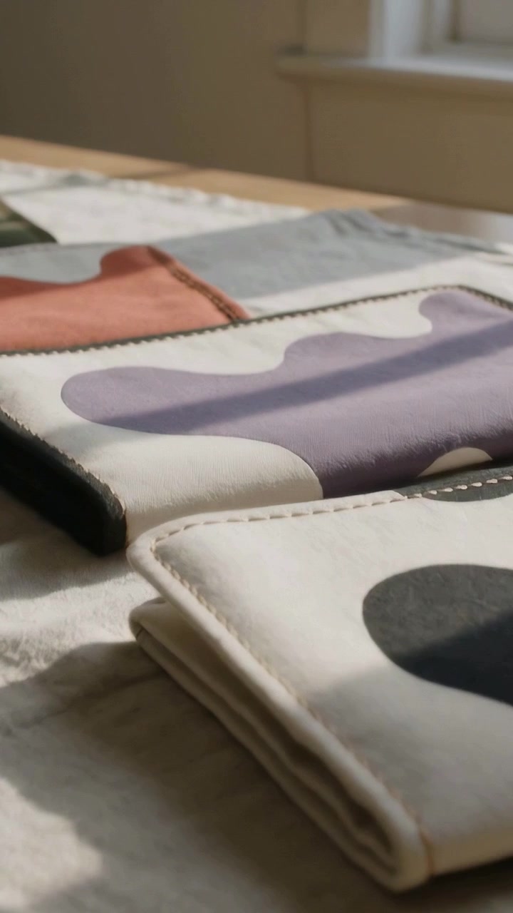 Vertical video: Sliding camera revealing pouch with black print on table showing purple pattern