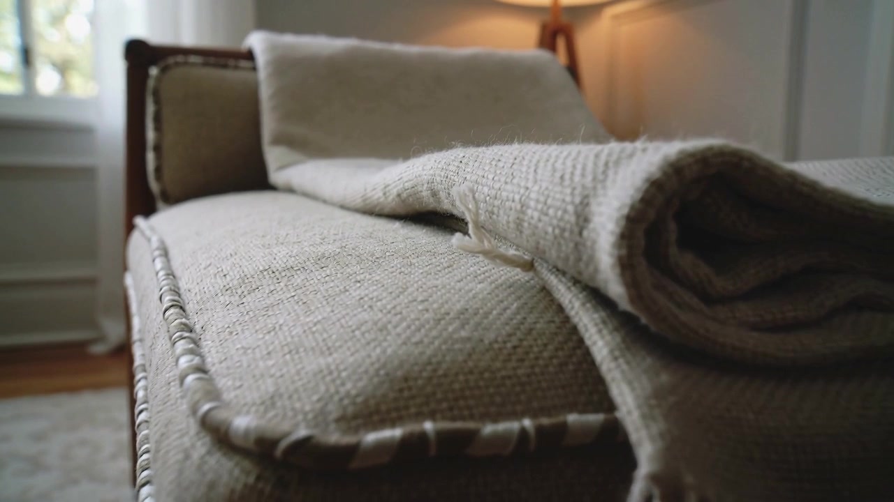 Caméra avançant révélant un banc en bois avec un plaid tissé, une texture de coussin passepoilé dans un salon près d'une fenêtre.