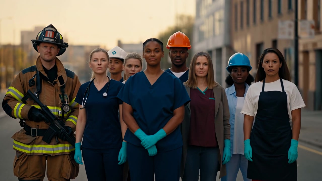 A diverse group of frontline workers stands in a calm formation on a deserted urban street, with a firefighter and medical staff visible among the team in