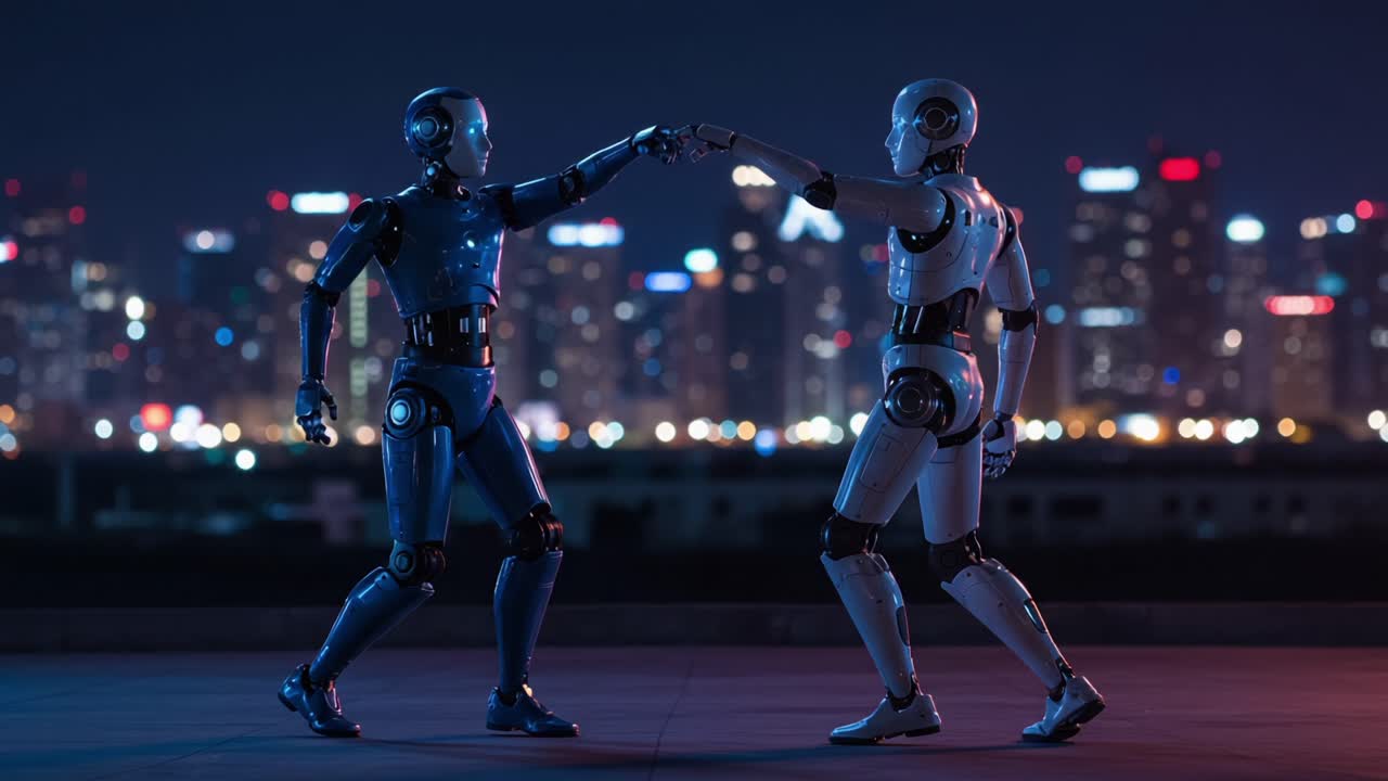 A Dynamic Encounter: Two Futuristic Robots Engage in an Intriguing Standoff Against a Vibrant Urban Nightscape, Showcasing Advanced Technology and Human-like Movement