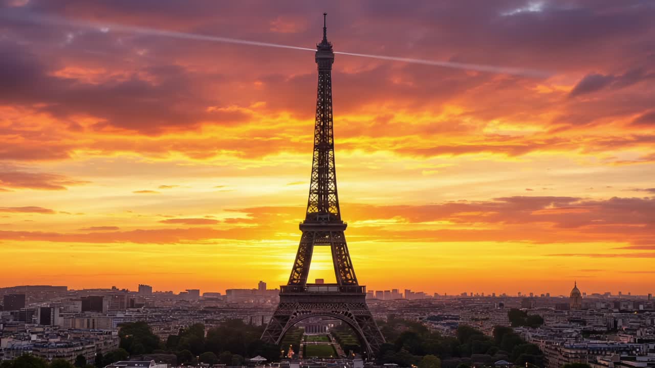 Mesmerizing Transformation of an Icon at Dusk: The Eiffel Tower Illuminated Against a Vibrant Sunset Sky, Capturing the Essence of Beauty and Wonder in an Urban Landscape