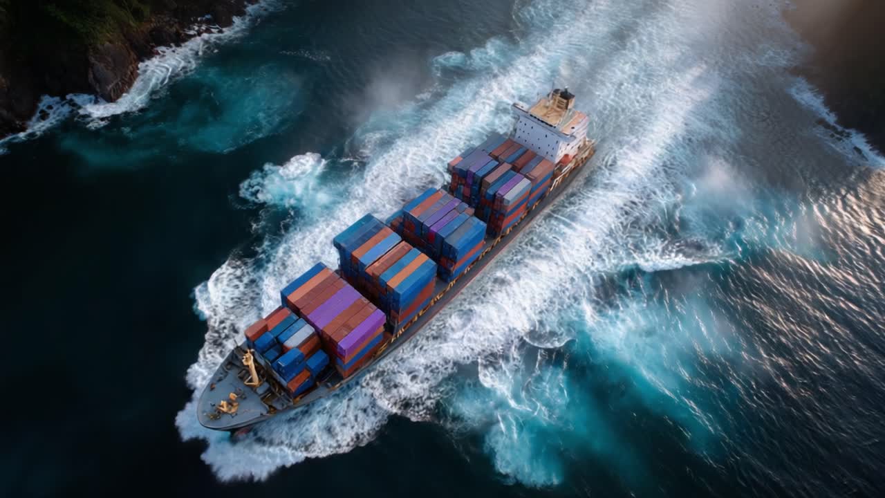 Aerial View of a Cargo Ship Navigating Through Turquoise Waters, Surrounded by Waves, Capturing the Essence of Maritime Transport and Trade Dynamics
