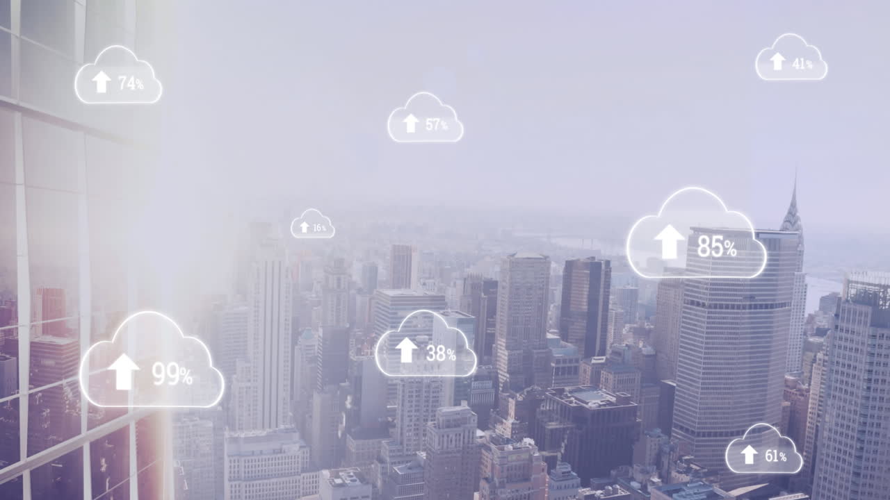 animación de nubes blancas con flechas y porcentaje de crecimiento sobre el fondo del paisaje urbano