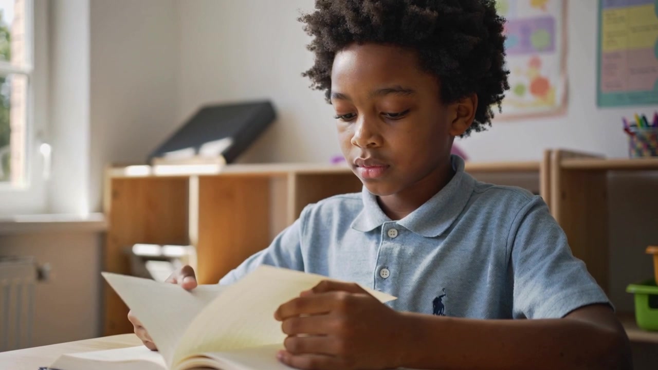 Opening book, student wearing light blue polo turning pages and reading at class desk for classwork