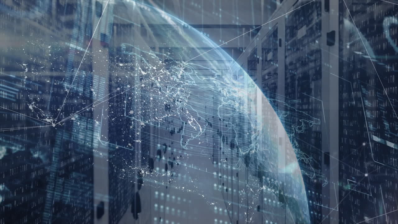 Animation of data processing and digital information flowing through network on the Earth