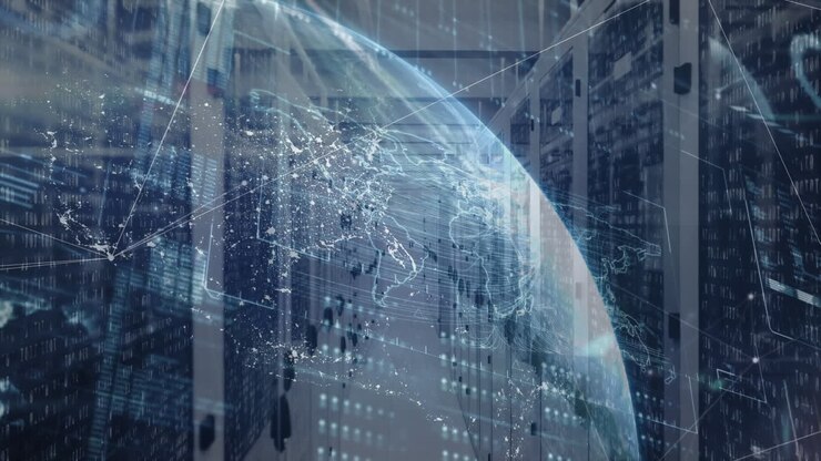 Animation of data processing and digital information flowing through network on the Earth