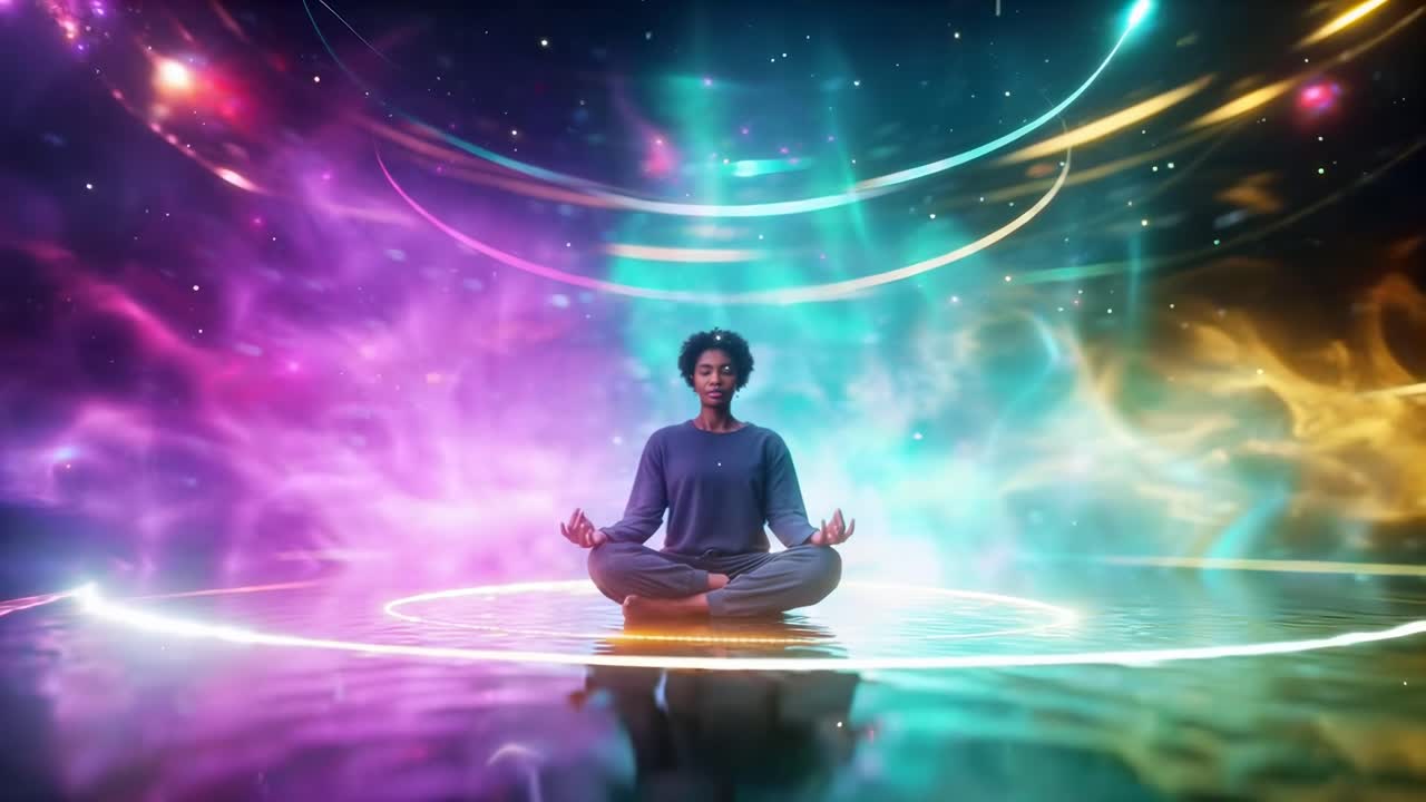 Un video ipnotico di una persona che medita, ripreso da un'angolazione bassa con luci vibranti e vorticose.