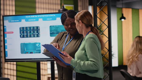 vertical video multiethnic businesswomen uniting to review finance reports and analytics