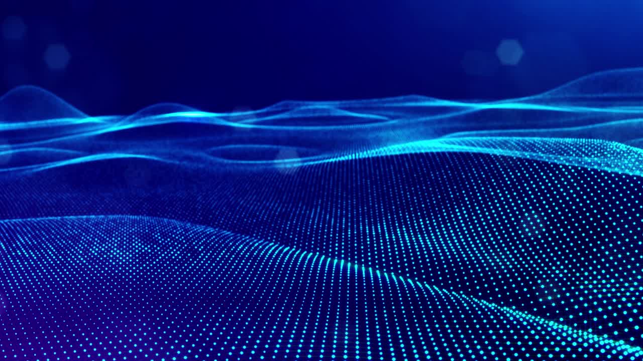 3d en bucle bg concepto de flujo de datos, espacio digital de fondo de ciencia ficción. campo azul de alta tecnología con partículas de brillo forman líneas y ondas de superficie. flujo de información de alta tecnología, blockchain, visualización de bigdata. dof