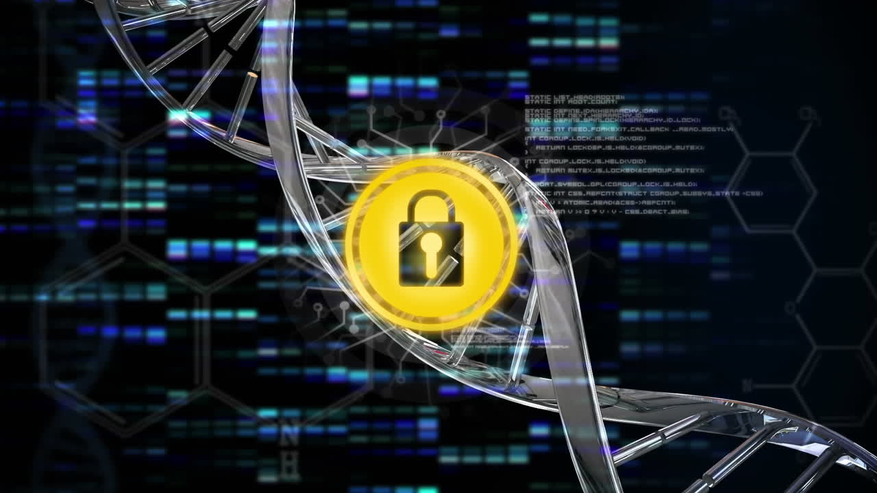 animación de cadena de adn y red de conexiones con candado de seguridad en línea sobre fondo oscuro