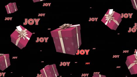 animation of joy text in repetition at christmas and presents on black background