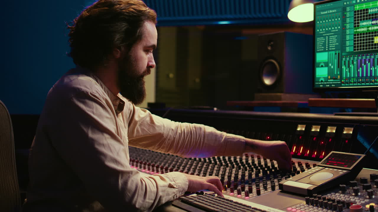 Mixing engineer focuses on blending and balancing individual tunes of a recording