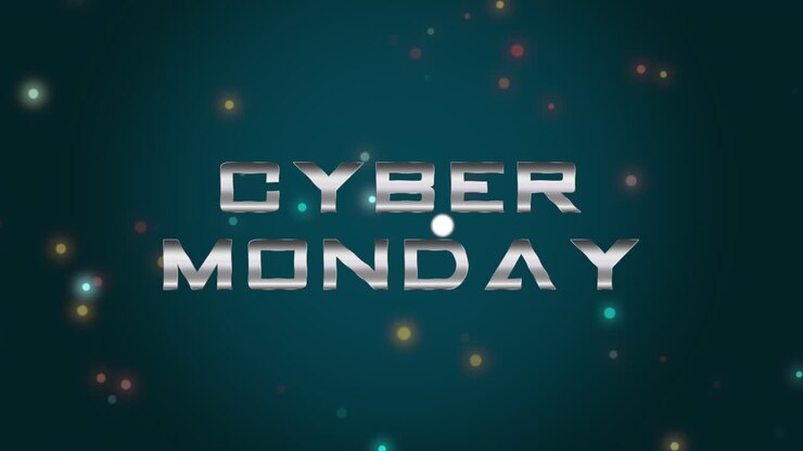 Cyber Monday text with flying confetti on gradient