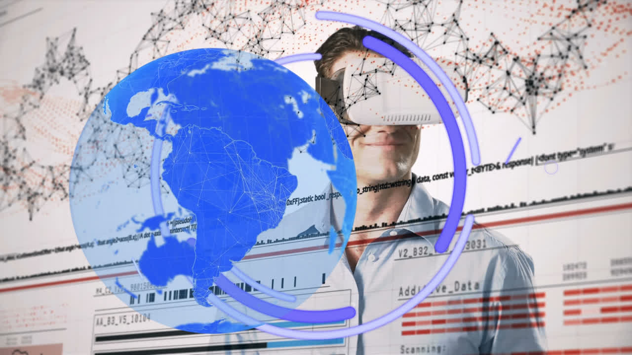 연결 네트워크의 애니메이션과 vr 헤드을 착용하는 사람 위의 지구