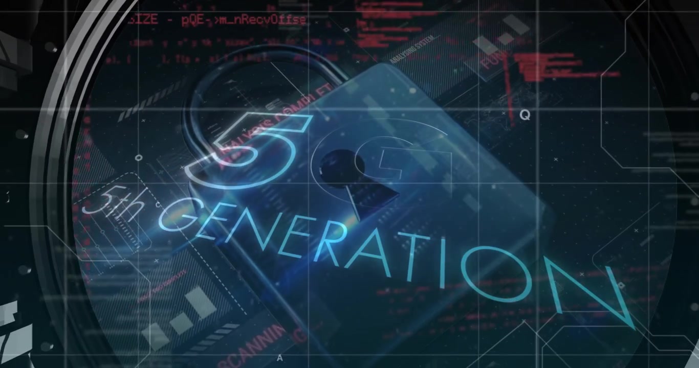 Animatie van 5G-tekst, gegevensverwerking, online veiligheidsslot en printplaat