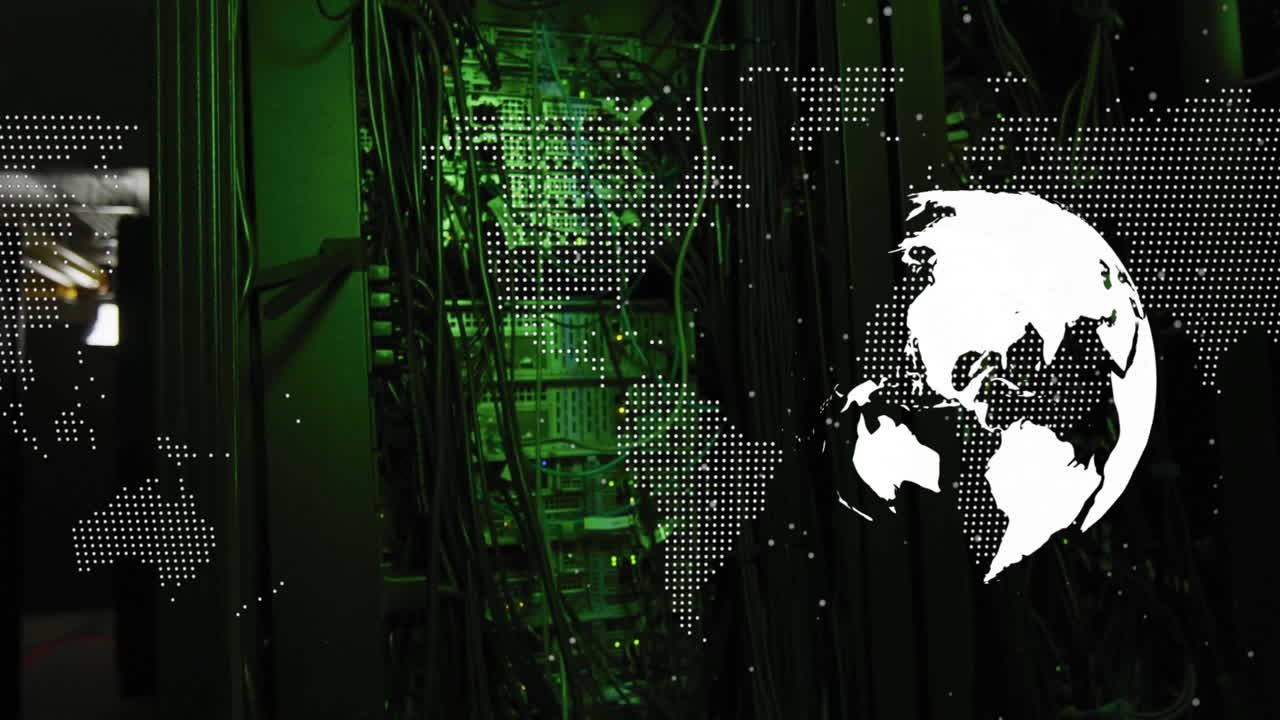 World map animation over green-lit server room with network cables