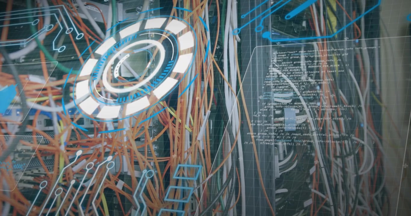Animation of processing circle over integrated circuit and computer wires