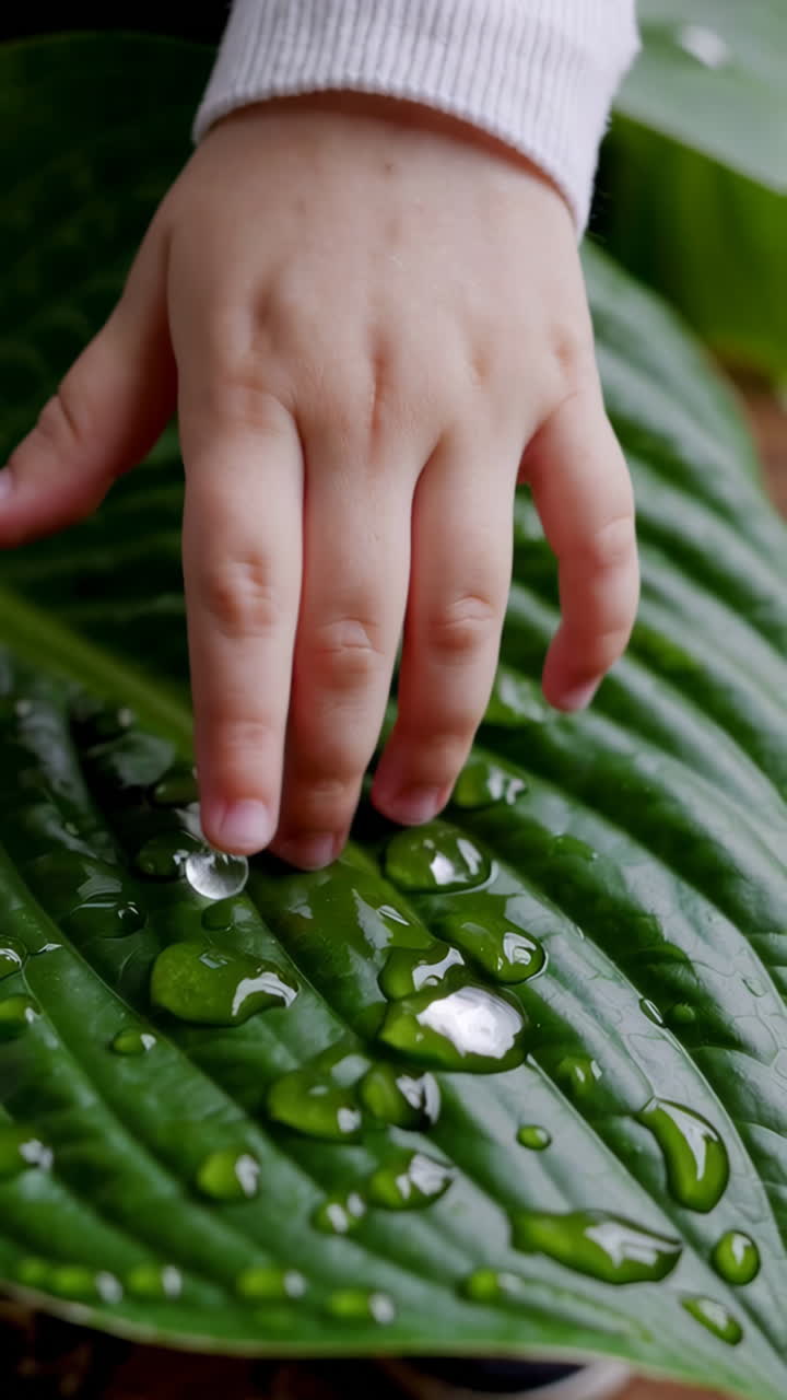 Child's Hand Touching Green Leaf with Water Droplets
