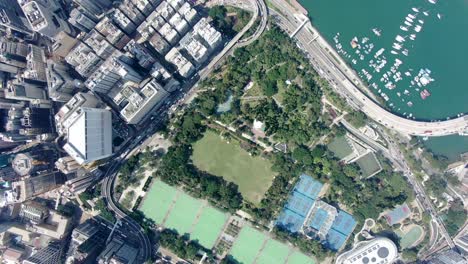 Aerial-view-of-Hong-Kong-waterfront-skyscrapers-and-coastline