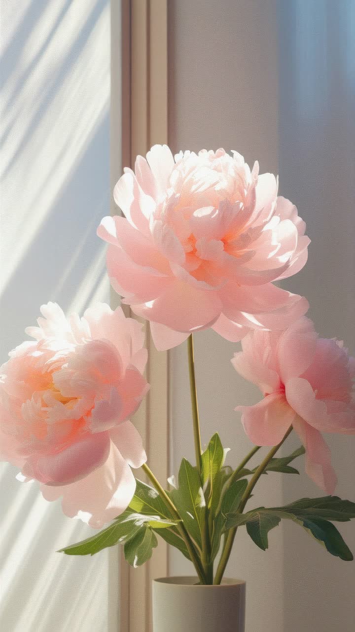 Soft-focus video still of pink peonies in a vase, captured from a low angle