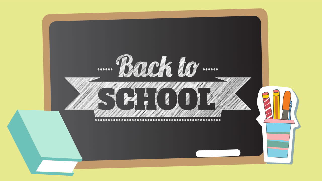 블랙보드에 있는 학교 복귀 텍스트와 노란색 배경에 있는 학교 아이콘의 애니메이션