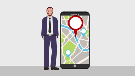 bearded man with smartphone map navigation pointer